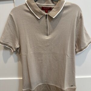GUESS Zip-Up Textured Polo Shirt – Taupe/Beige, Size S